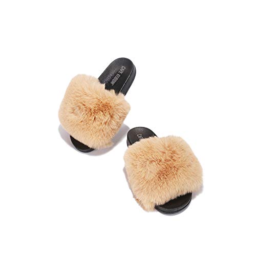 Liliana Nomi-17 Tan Luxury Real Raccon Fur Slippers Slides Flat Soles Mule (10)