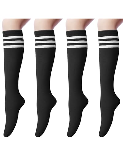 Senker Fashion Knee High Socks for Women, Cotton White Long Tube Sock Black Stockings Striped for Boot Outdoor Sport