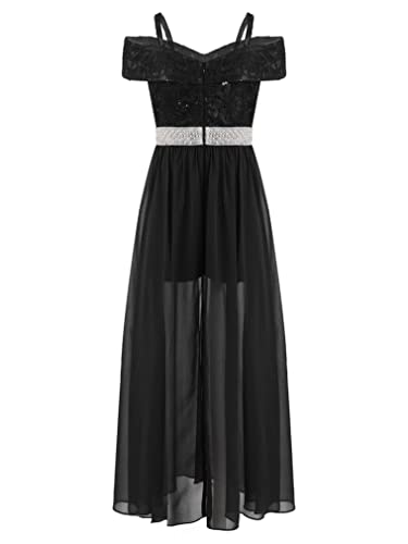 Renvena Kids Flower Girls Lace Dresses Off Shoulder Spaghetti Straps Chiffon Romper Gown Evening Dance Wear Black 14 Years #TOP2