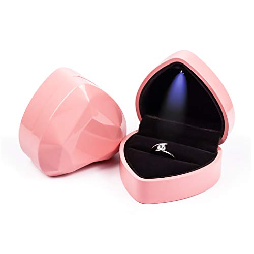Rolin Roly Boîte à Bague en Velours avec Lumière LED Ring Box Velours Boîte à Bijoux en Forme De Cœur pour Mariage Fiançailles Proposer Propositio (Pink)