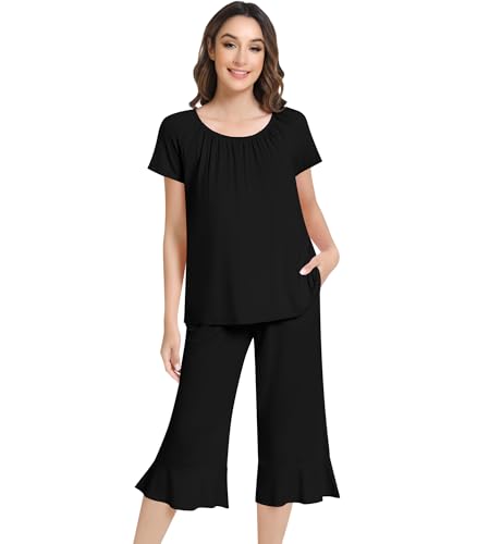 Image of NACHILA Pajamas for Women-Viscose Made from Bamboo,Short Sleeve Sleepwear Cooling Pjs Top with Capri Pants Pajama Sets