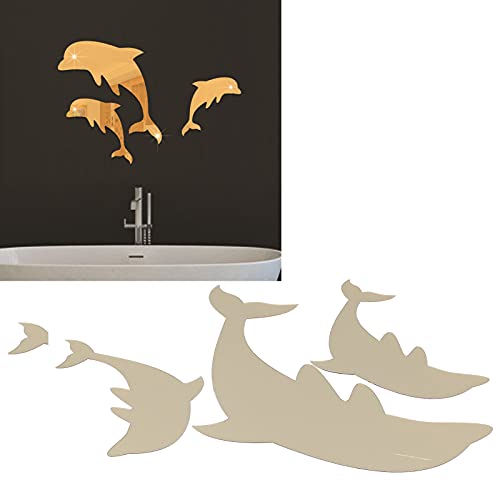 Etiqueta de la pared, lindos delfines en forma de espejo autoadhesivo Etiqueta de la pared Murales Fondo extraíble DIY Etiqueta de la pared Habitación de los niños Decoración del hogar(dorado) Cover