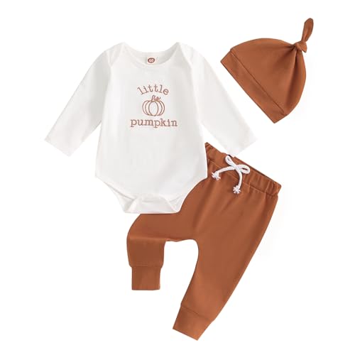 Image of Lamuusaa Newborn Baby Boy Halloween Outfit ''Little Pumpkin'' Embroidery Long Sleeve Romper Long Pants Hat Fall Clothes