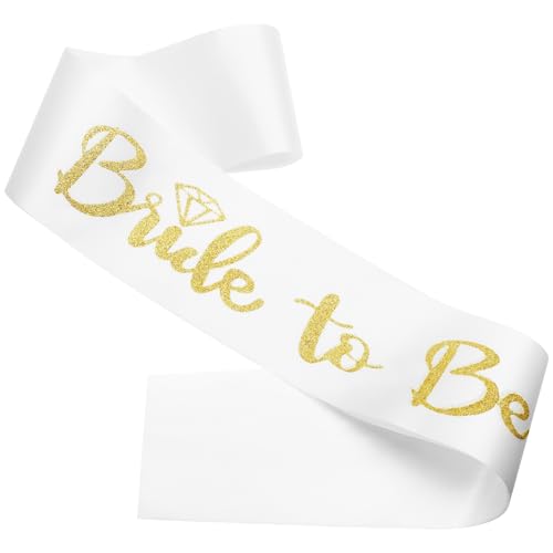Entisn Bride To Be Sash, White Satin Gold Glitter, Party Accessory
