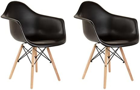 Eames Modern Mid Century Plastic Dining Room, Living Room, Waiting Room Kitchen Armchair with Wooden Legs Set of 2 (Black)
