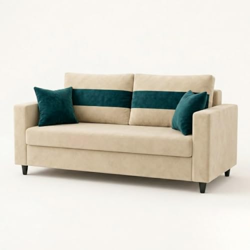 Image of FURNY Luxury Conva 2 Seater Sofa Set for Living Room |Soft Suede Fabric Upholstered | Modern Cushioned Comfortable Couch for Home Office & Drawing Room | Cream