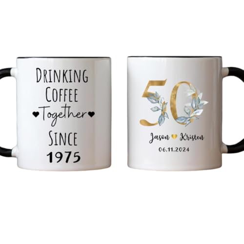 Drinking Coffee Together for 50 Years Mug – Personalized 50th Wedding Anniversary Mug Gift for Couples, Parents, Him or Her – Golden Anniversary Gift Idea for Husband Wife