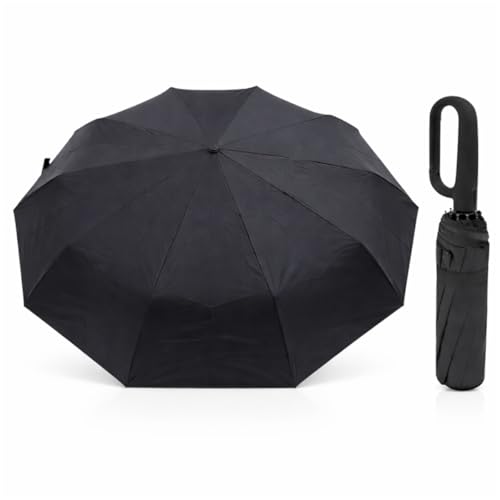 Guarda-Chuva Premium Botão Automático Abre e Fecha 10 Varetas Reforçadas Proteção Solar Blackout Resistente ao Vento Compacto Dobrável Sombrinha Portátil Mochila Bolsa Mala Fivela de Anel (Preto)
