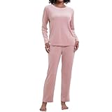Navisting Women's Velvet Pajama Set 2 Piece Loungewear with Crew Neck Top and Lounge Pants Loose Fit Pink L