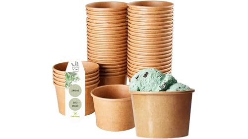DeinPack Gobelets alimentaires écologiques en carton avec revêtement PLA 240 ml (200 pièces) | Jetables | Ronds non imprimés | Pour glace, dessert, snacks, fingerfood