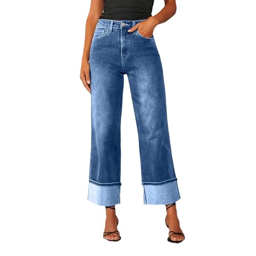 Jeans enrollables de mujer: pantalones capri de pierna recta y cintura alta
