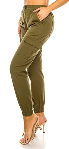 Double Denim Women's High Waist Jogger Pants - Casual Cargo Elastic Waistband Sweatpants Tapered Fatigue With 6 Pockets Scp-2049 Olive M #TOP1