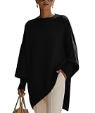Damen-Pullover, locker, warm, Fledermausärmel, gemütlich, weich, Rundhalsausschnitt, Strickpullover, lässiger Poncho, Mäntel, Herbstmode, Retro, Grace Tops, Schwarz , L
