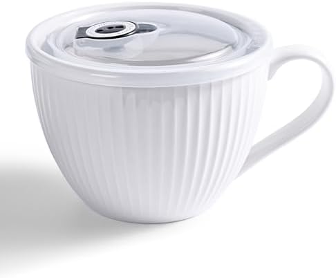 Ceramic Soup Mug with Lid, 24oz/750 ML Large Soup Cup with Handle, Microwave Soup Bowl for Breakfast Cereal, Oatmeal, Overnight Oats, Coffee, Dishwasher Safe,Housewarming Wedding Gift,1PC (White)