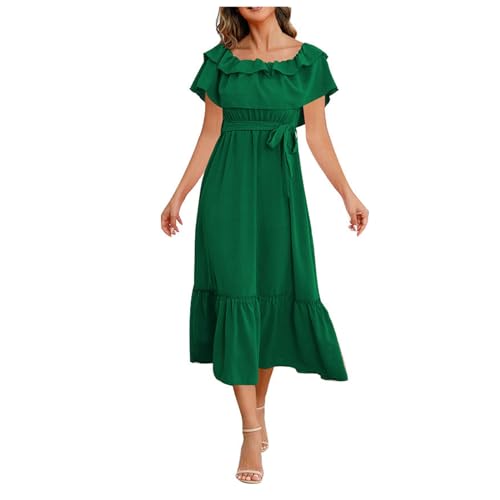 Vestido semi-largo sexy para mujer, color liso, cuello asimétrico, hombros descubiertos, vestido de playa de moda, casual novia sastre, verde, S