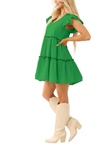 Image of Women's Summer Babydoll Mini Dress V Neck Tie Back Ruffle Sleeve Casual Tiered Loose Flowy Swing Tunic Shift Dress