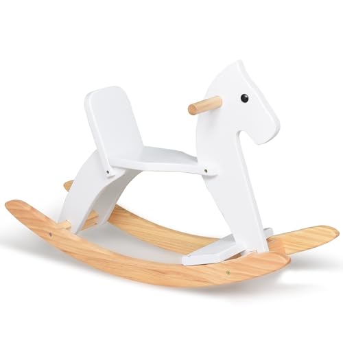 KRAND Wooden Rocking Horse Baby Ride On Toy for Toddlers Solid Wood Classic Design with Comfortable Pedal and Safe Backrest Ideal Gift for Kids (Classic White)