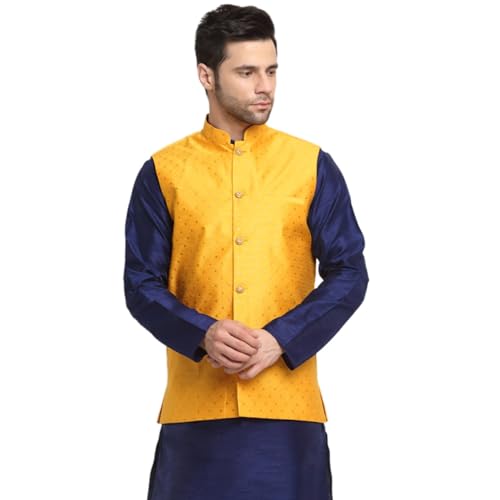 Image of KRAFT INDIA Polka Dot Silk Nehru Jacket Only in Yellow Color S, Ethnic Traditional Wear