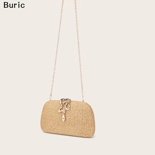 Image of Straw Clutch Purses Summer Beach Purse for Women Woven Vacation Handbags Snake Clasp Straw Beach Bag