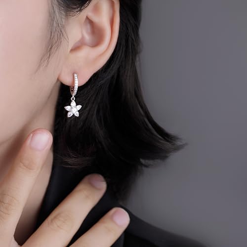 Reffeer Solid 925 Sterling Silver CZ Flower Earrings Dangle for Women Teen Girls Flower Drop Hoop Earrings Huggie3