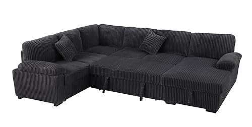Image of ERYE Oversized U-Shaped Pull Out Sleeper Couch Bed, Modern U Shaped Sleeper Sectional Sofa Corduroy Corner Convertible Sofa Bed with Storage Chaise Lounge for Living Room
