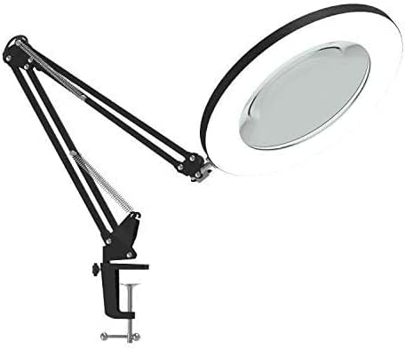 Desk Lamp,YOUKOYI 5X LED Magnifying Lamp Metal Swing Arm Magnifier Light 3 Color Modes 4.1" Diameter Glass 7W Eye-Caring Desk Lamp for Reading/Office/Work Black