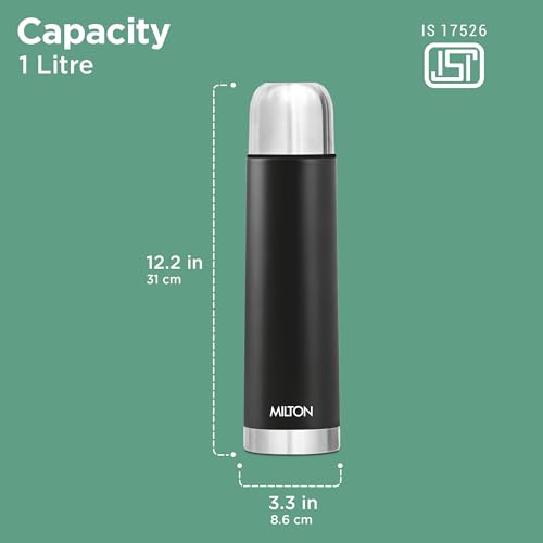 Milton Eco-Flip Flask 1 Litre (1000 ml) Stainless Steel Water Bottle – Double-Walled Vacuum Insulated to Keep Drinks Hot or Cold for 24 Hours, Leak-Proof, Ideal for Office, Gym & School – Black
