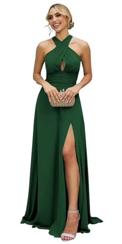 Chiffon Halter Bridesmaid Dresses for Women Long A-Line Formal Dress with Slit Pleated Modest Evening Party Gown