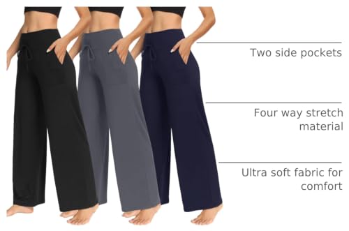 Image of TNNZEET 3 Pack Women's Wide Leg Pants with Pockets - Casual Loose Yoga Trouser Pants Sweatpants Palazzo Lounge Pajama Pants