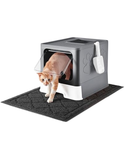 Image of Medario Cat Litter Box with X-Large Litter Mat and Scoop, Large Covered Litter Box with Lid, Enclosed Kitty Box,Front Top Entry Exit, Odor Control Easy to Clean (Upgrade Dark Grey)