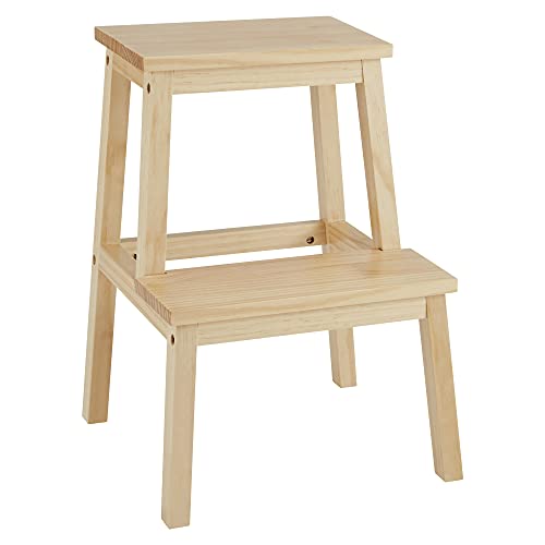 ACAZA Escabeau à 2 Marches, Marchepied en Bois, Tabouret pour Adultes et Enfants, Beige