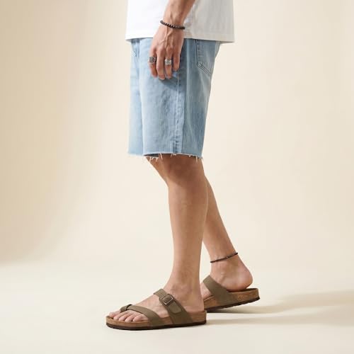 Image of CUSHIONAIRE Luna-M Slides for Men, Comfortable Cork Footbed Mens Sandals with Arch Support and Adjustable Buckle Strap
