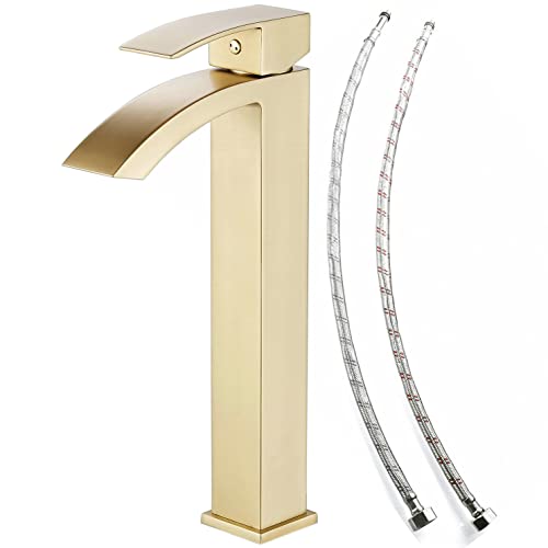 Cascada Grifo para lavabo de baño Manija única Lavabo de montaje en cubierta de 1 orificio Grifo alto moderno de oro cepillado, LK70531BGZH Leekayer Cover