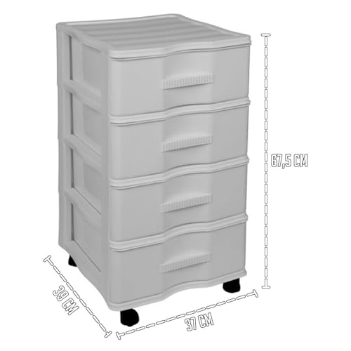 Acan Tradineur - Cajonera de plástico con ruedas, modelo Wagon, 4 cajones, torre almacenaje multiusos, oficina, hogar, fabricada en España (Gris claro - 67,5 x 37 x 39 cm) - imagen 3