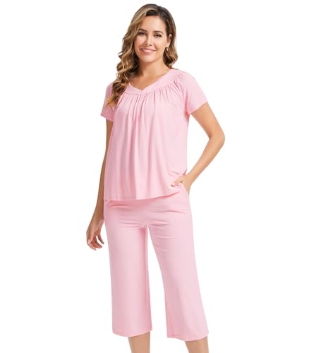 Image of NACHILA Pajamas for Women-Viscose Made from Bamboo, Short Sleeve Sleepwear Soft Capri Pants Pajama Set Pleated Loungewear