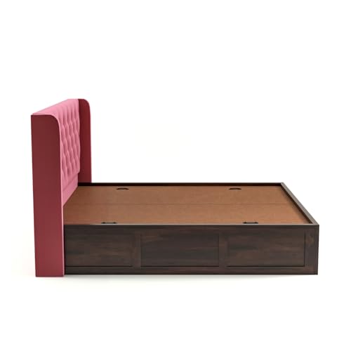 Image of Solid Sheesham Wood Queen Size Bed with Storage | Wooden Double Bed Cot Bed with Box Storage & Velvet Upholstered Cushioned Headboard for Bedroom (Walnut A, Queen)