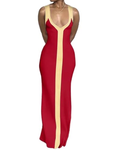 Flamingals Women's Colorblock Bodycon Dress Maxi Dress V Neck Tank Dress Red M