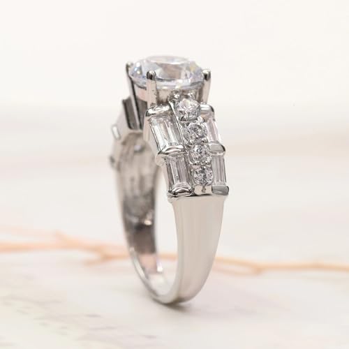 Moissanite Engagement Ring for Women 3 Ct Round Cut with Baguette Round Accents 925 Sterling Silver Wedding Ring4