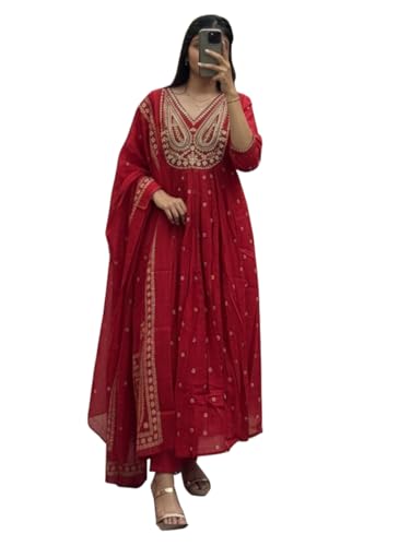 Image of ANNI Designer Women's Rayon Viscose Printed Embroidered Anarkali Kurta with Pant & Dupatta | Ethnic Kurti Set with Embroidery | Soft Comfortable Fabric | Stylish Outfit for Festive, Office