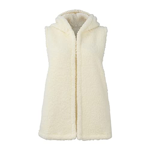 Cardigan For Women Casual Fuzzy Sherpa Fleece Lightweight Open Front Sweater Vests With Pockets Cozy Sleeveless Warm Jackets Fall Winter Clothes Fashion Hooded Waistcoat Outerwear(A Beige,Medium) #TOP3