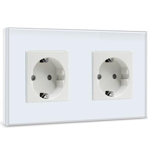 BSEED Enchufe de Pared Doble,Schuko Enchufe Doble con Panel de Cristal Blanco,16A 250V Toma de Corriente,Enchufes de Extensión para Cocina,Dormitorio,Oficina,Hotel,etc