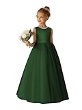 Amatesay Sleeveless Dark Green Flower Girl Dress Little Girl Satin Tulle Long Dresses for Wedding Party Pageant Kids Evening Gown with Bow-Knot Size 6