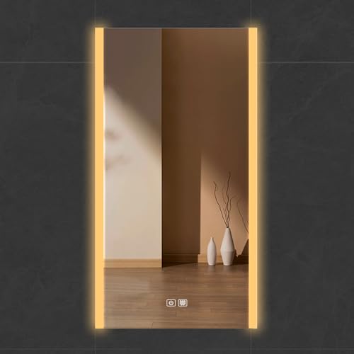 LEDライト付きバスルームミラー 壁掛け式化粧鏡 3色ライト調光可能 曇り止め 照明付き化粧鏡 浴室ドレッシングルーム用(50x70CM)