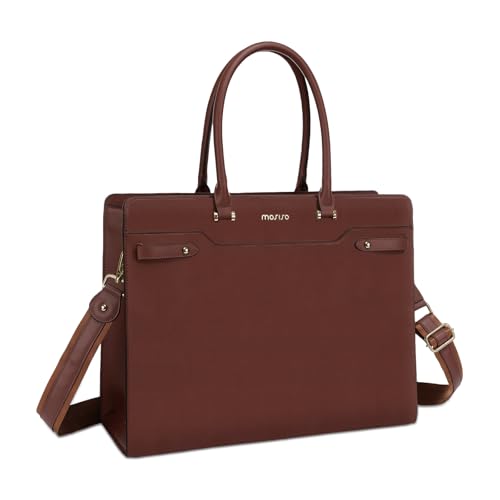 MOSISO Laptop Bag for Women, 15.6 inch Laptop Tote Bag, Waterproof Leather Front Magnetic Clasp Pocket Work Handbag, Large Capacity Computer Briefcase for Teacher Office Travel, Brown
