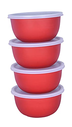 Image of Zaib Microwave Safe Stainless Steel Food Storage Bowl with Lid | Snack Serving Cooked Food Storage Container for Kitchen Capacity- 500 ML Each (4 Pcs Red 500 ML White Lid)