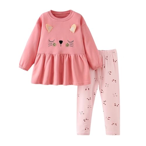 Image of QHKEPW Girls Set Kids Outfits Clothes 5-6 Years Cat Toddler Clothing 2 Pcs Long Sleeve Sweatshirt T-Shirt Tops Leggings Trousers Round Neck Pink