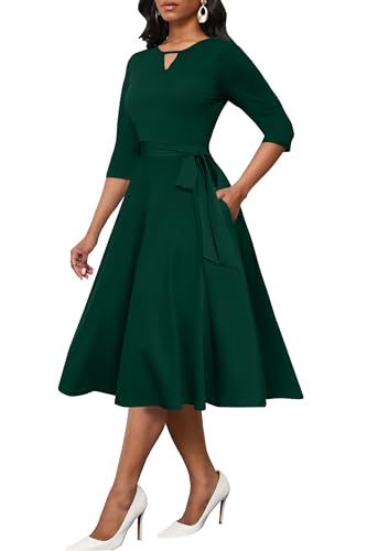 Image of CLOCOR Midi Dresses for Women Casual A-Line Fit and Flare Dress Crewneck 3 /4 Sleeve Keyhole Cocktail Party Church Dress