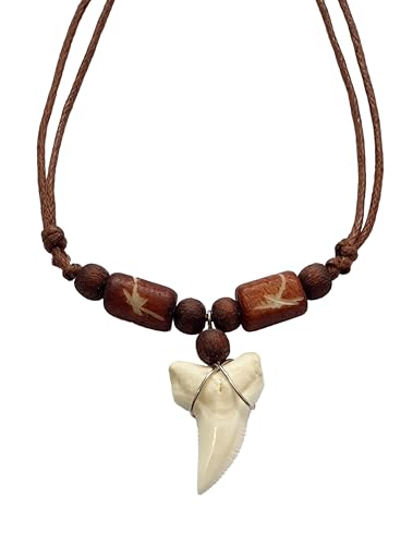 Genuine Mako Shark Tooth Necklace, Unisex Adult, 16-32 Inch Adjustable, Brown Wooden Beads & Waxed Cords, BA371
