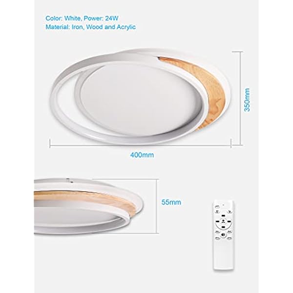 Lámpara de Techo LED de 24W, Madera LED Luz de Techo 40cm, 3000K-6000K Regulable con Control Remoto, Lámparas de Techo Moderna Blanca Redonda para Dormitorio, Sala de Estar, Balcón, Pasillo, Cocina