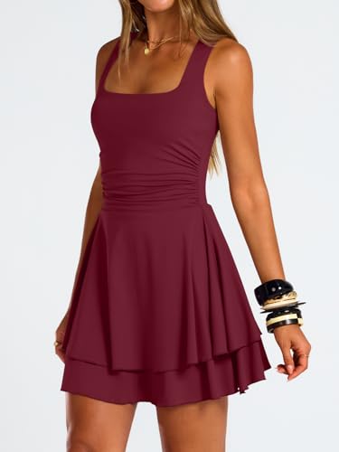 Image of Trendy Queen Women's Square Neck Summer Party Flowy Ruffle Hem Ruched Waist Mini Dress